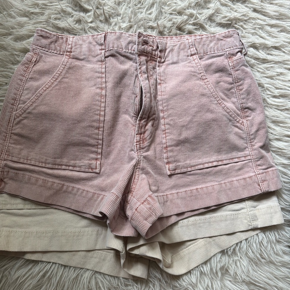 American Eagle Outfitters Pink and White High Waisted Corduroy Shorts (two)
